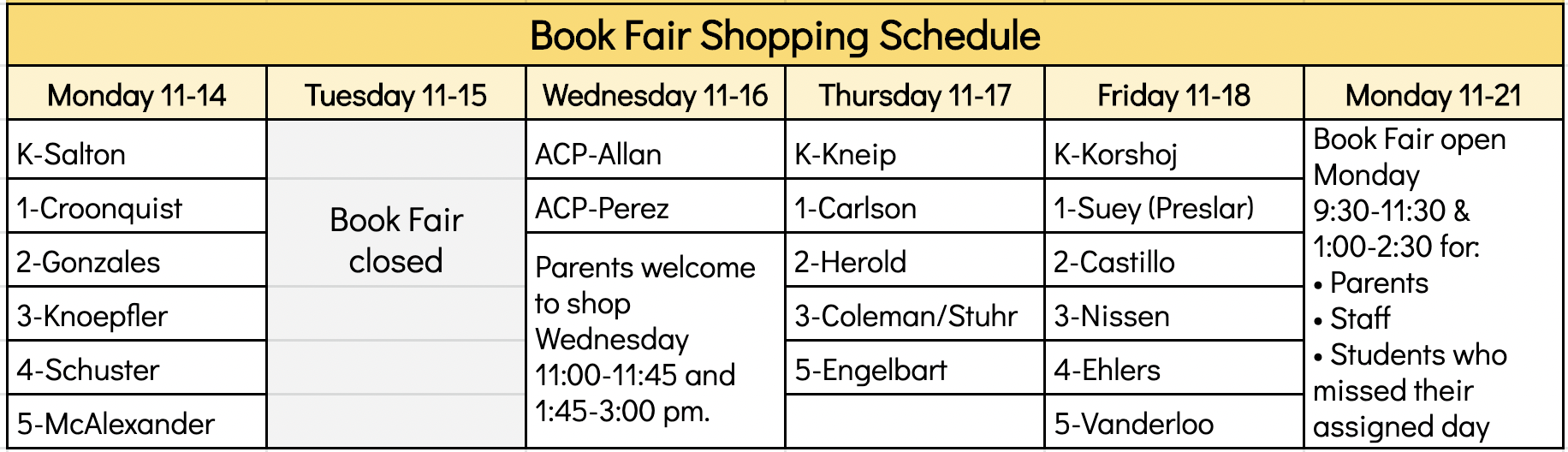 Book Fair shopping schedule